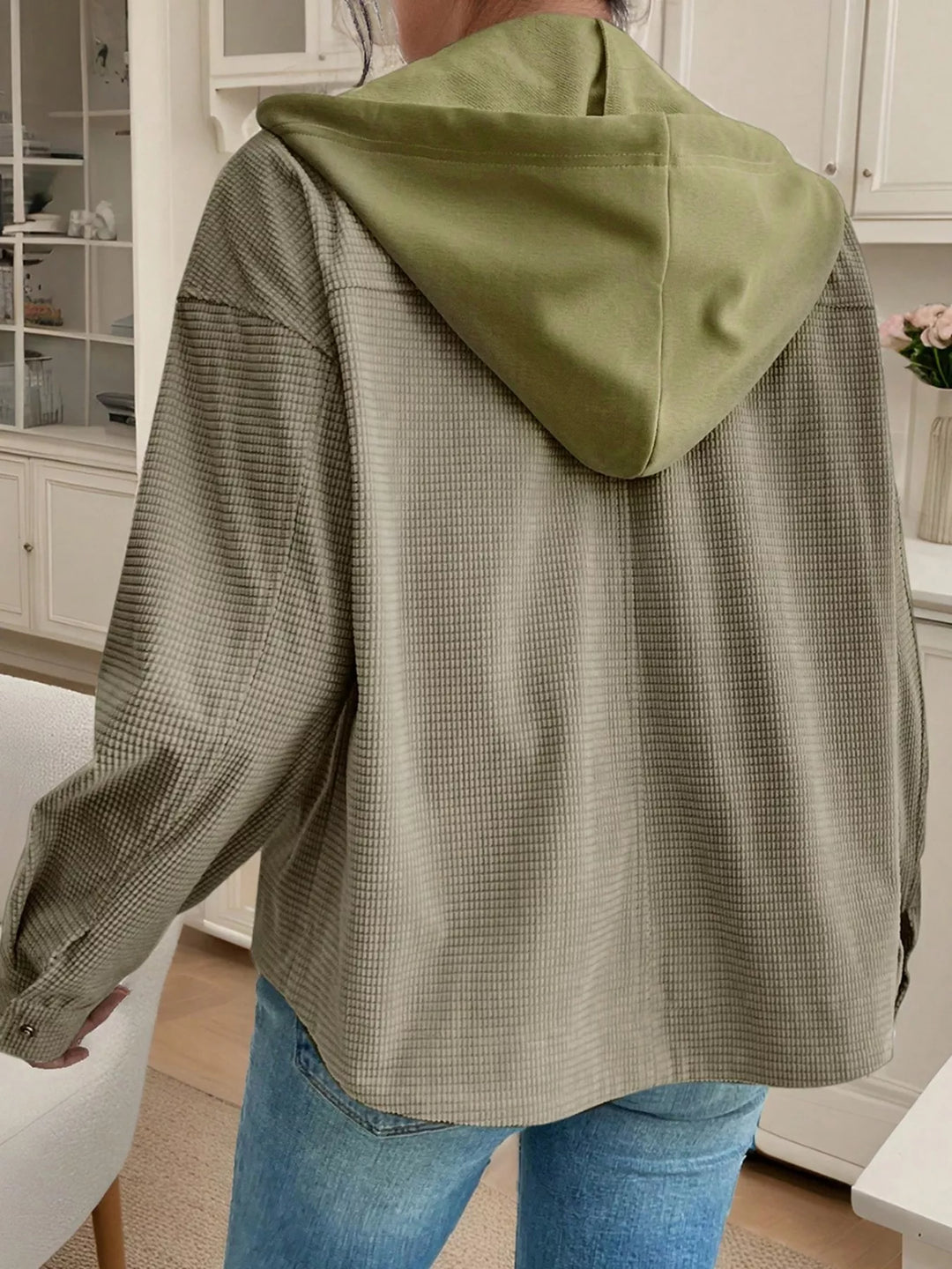 Waffle knit hooded jacket with snap front and flap pockets