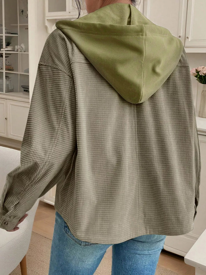 Waffle knit hooded jacket with snap front and flap pockets