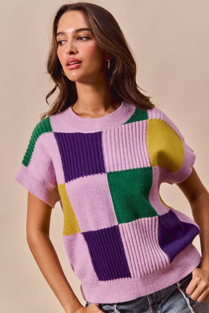 Checkerboard color-block short sleeve sweater top