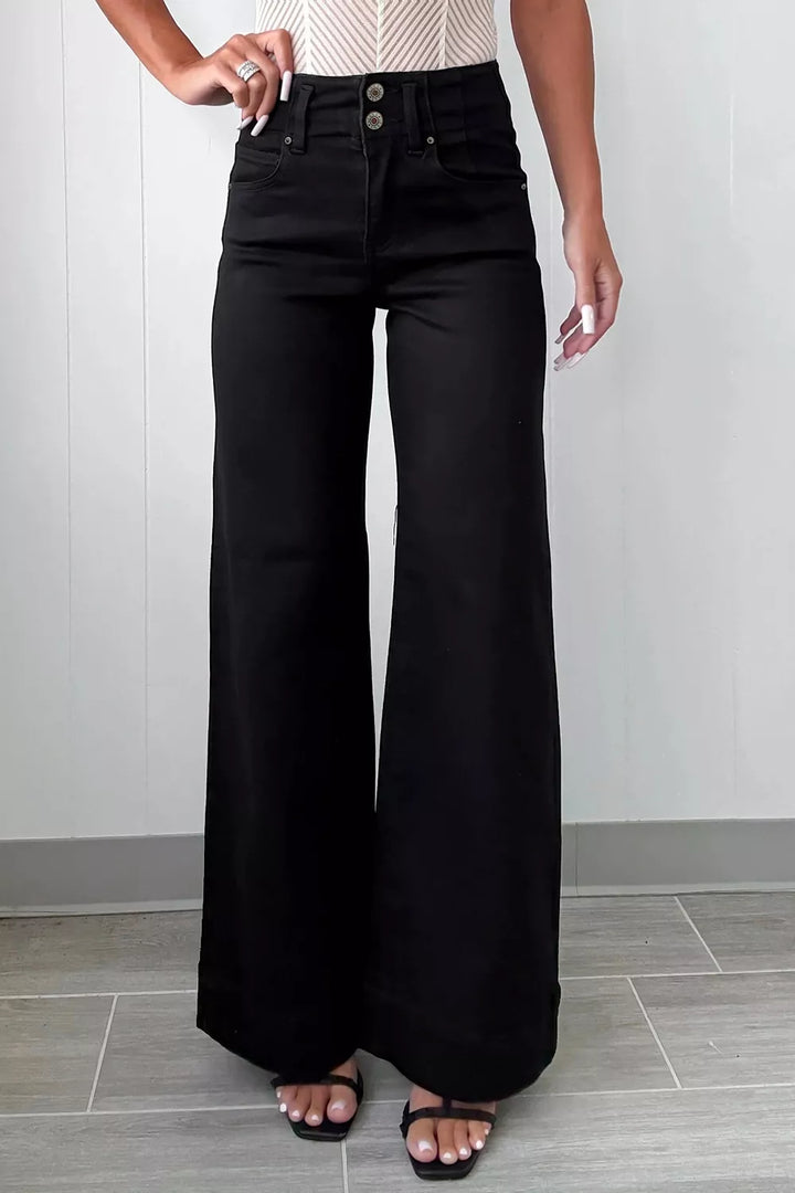 Two-button high-rise wide-leg flare jeans