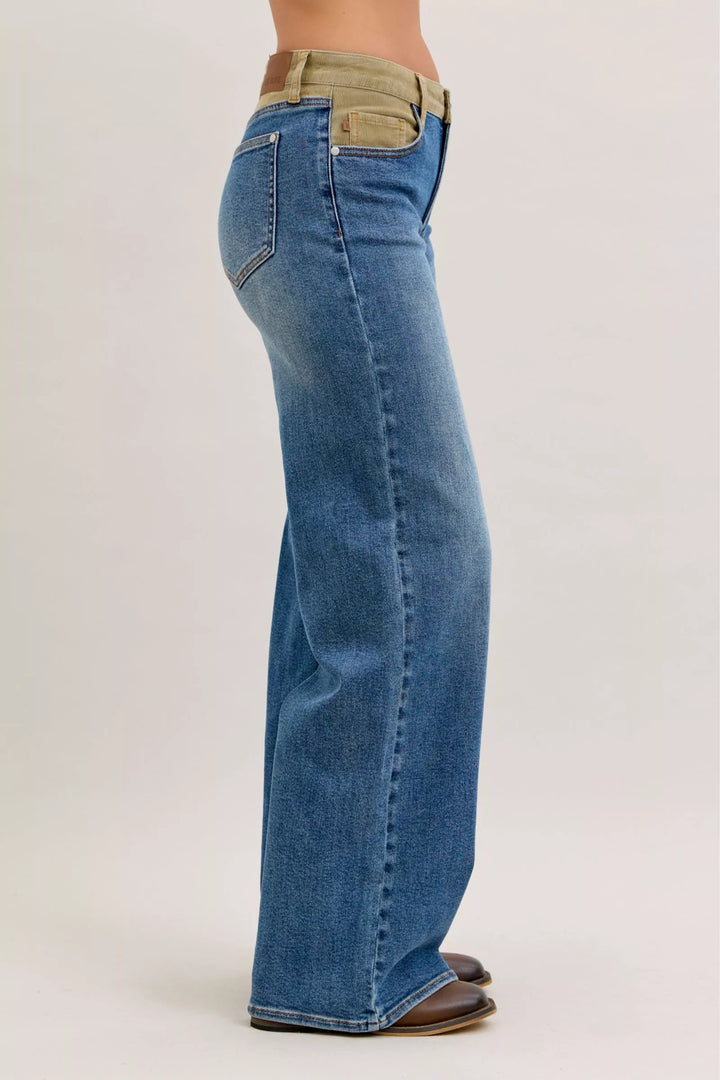 Mid-rise straight leg jeans with corduroy waistband
