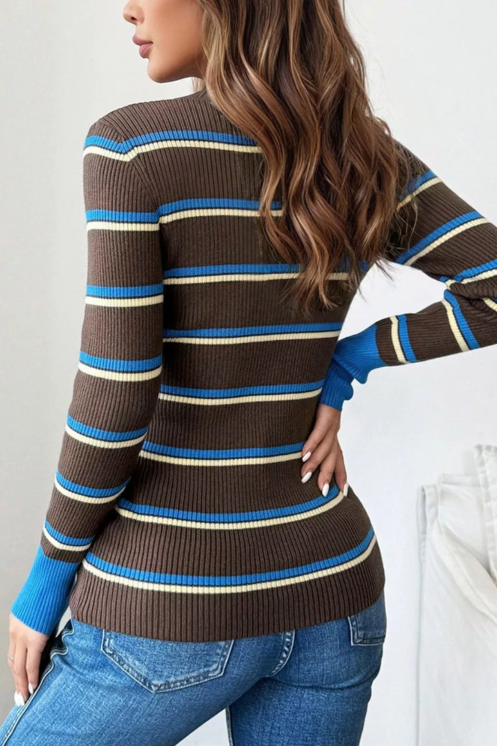Striped ribbed knit henley sweater with mock neck