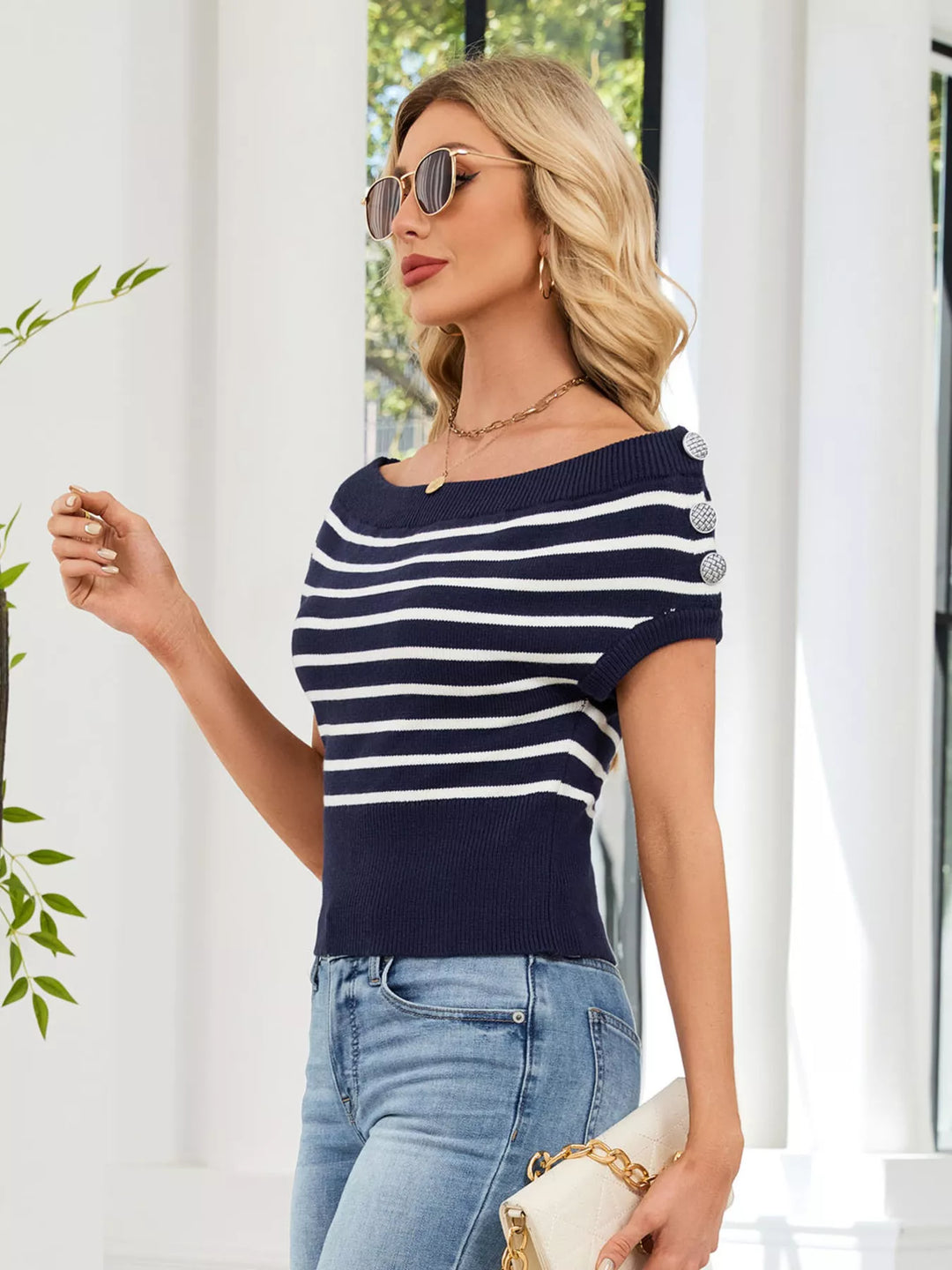 Striped off-shoulder knit crop top with button sleeve detail