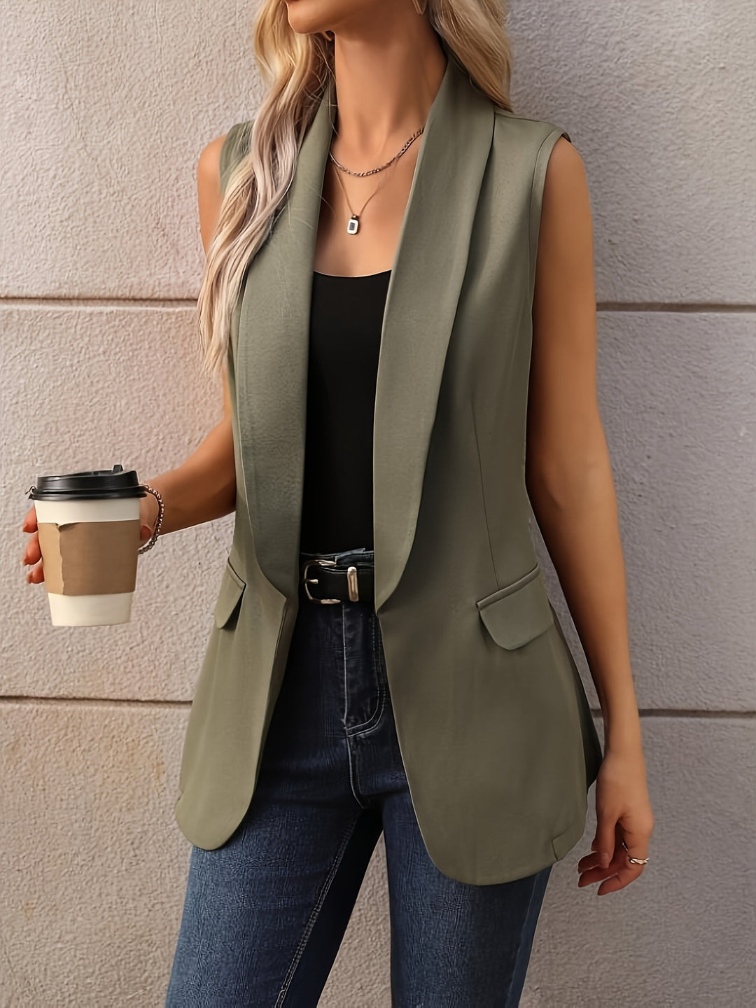Sleeveless shawl collar blazer vest with flap pockets