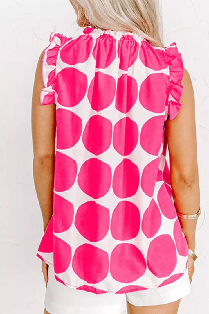 Large polka dot ruffle-neck sleeveless shift top