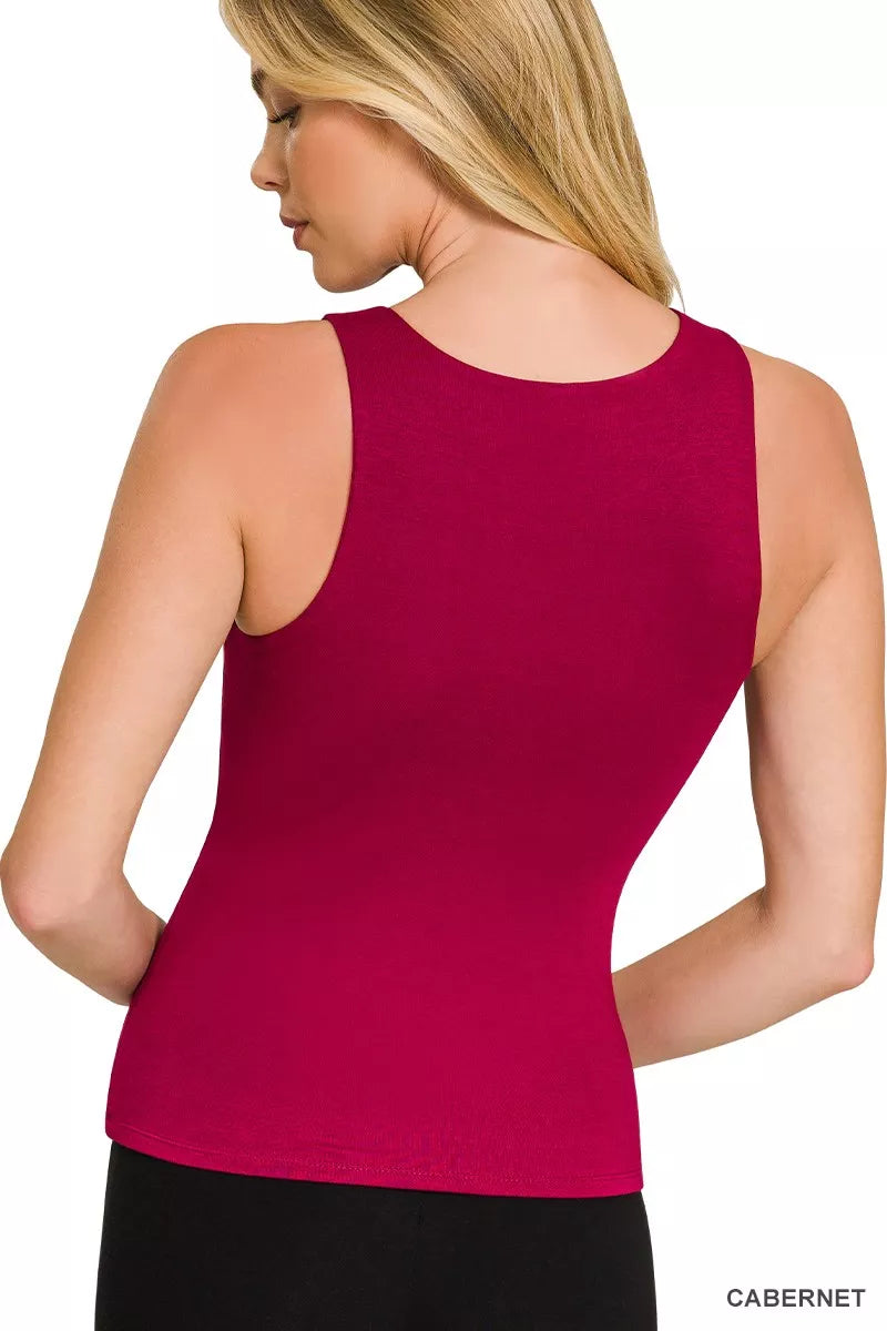 Double-layered rayon tank top with high round neck
