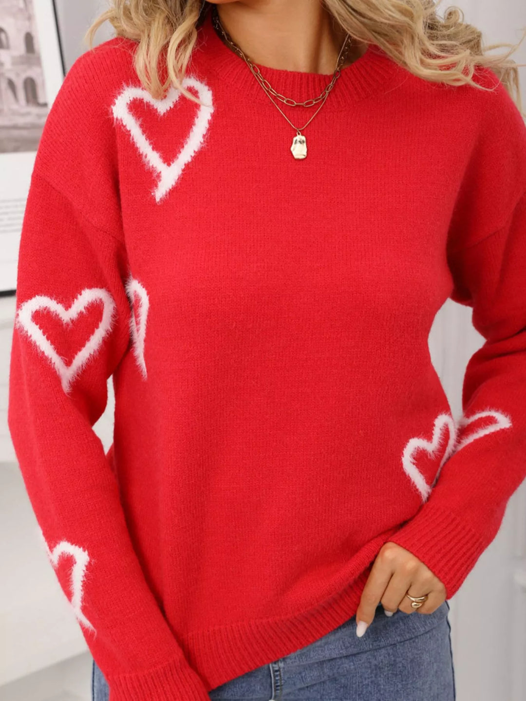 Red Fuzzy heart crew neck sweater with ribbed trim