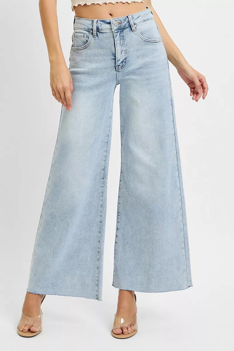High-rise wide-leg palazzo jeans with raw ankle hem