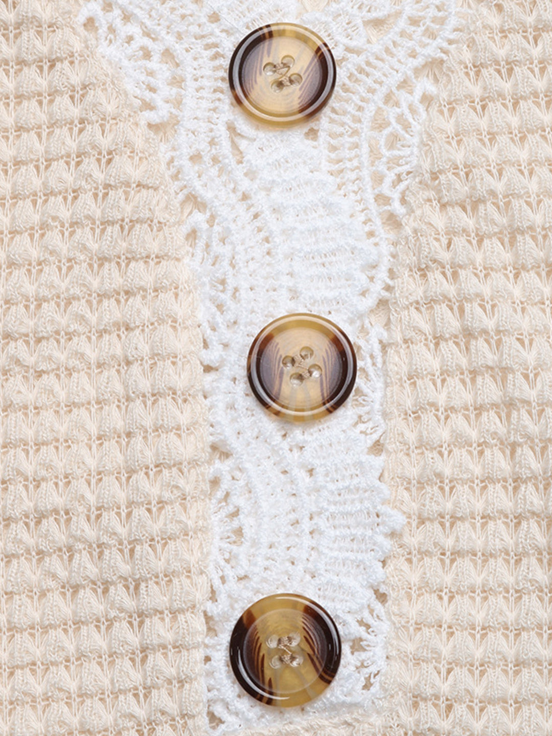 Lace trim waffle knit henley top with wood buttons