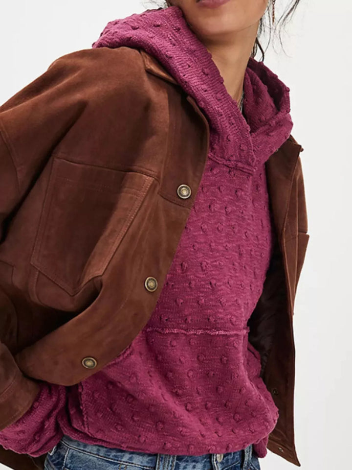 Textured dot knit hooded pullover with front pocket