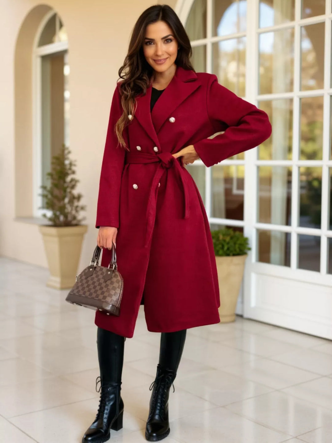 Double-breasted tie-waist longline overcoat