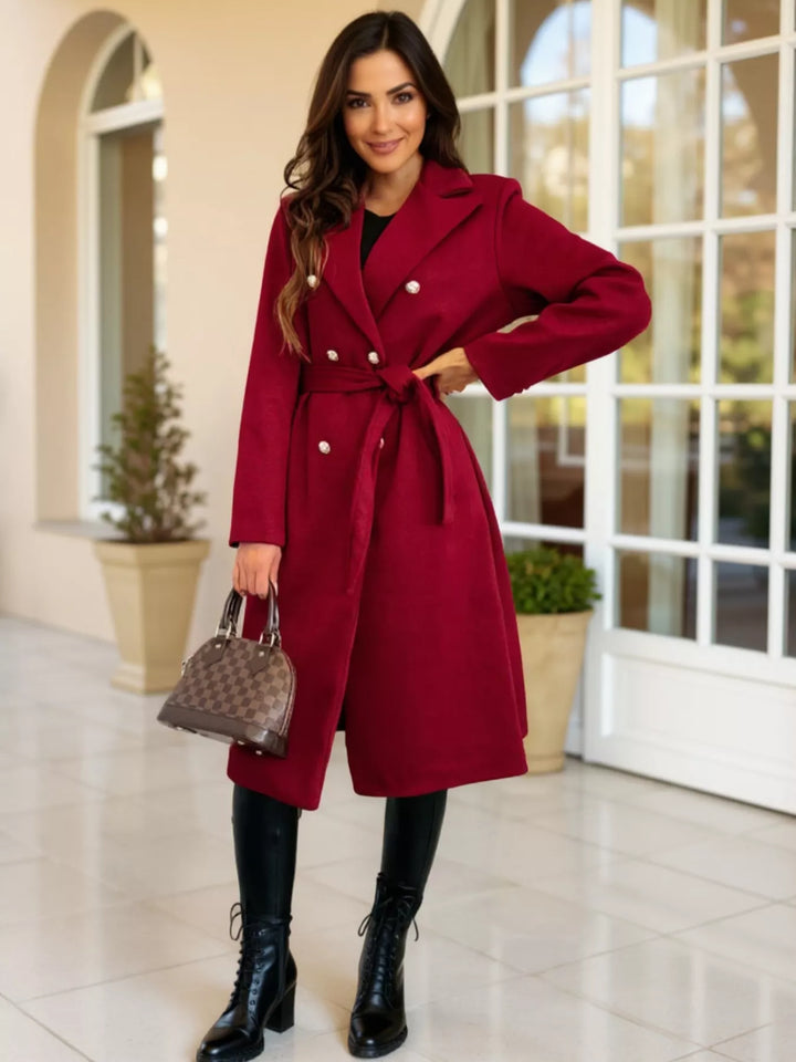 Double-breasted tie-waist longline overcoat