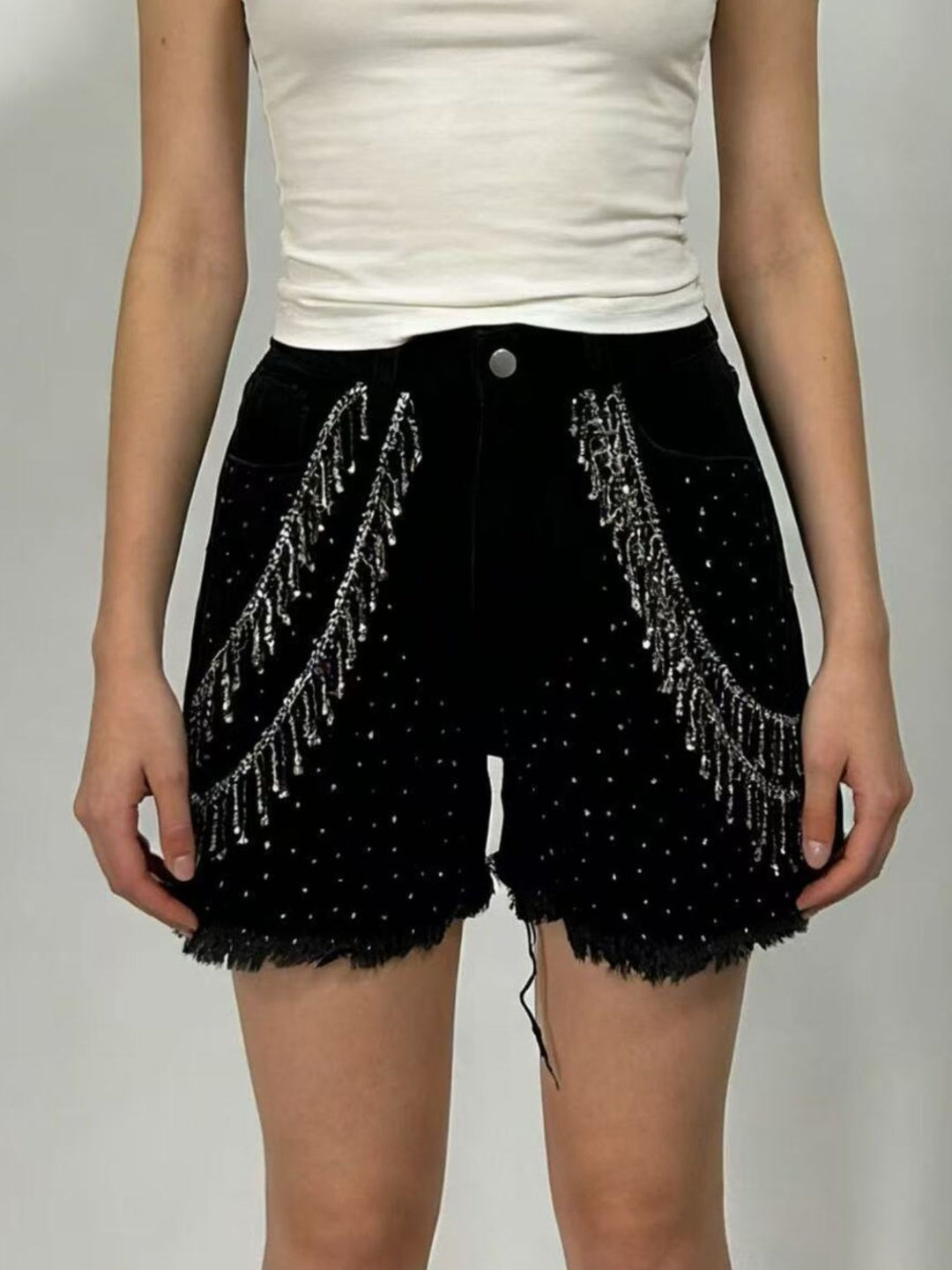 Black Rhinestone fringe high-rise raw hem denim shorts