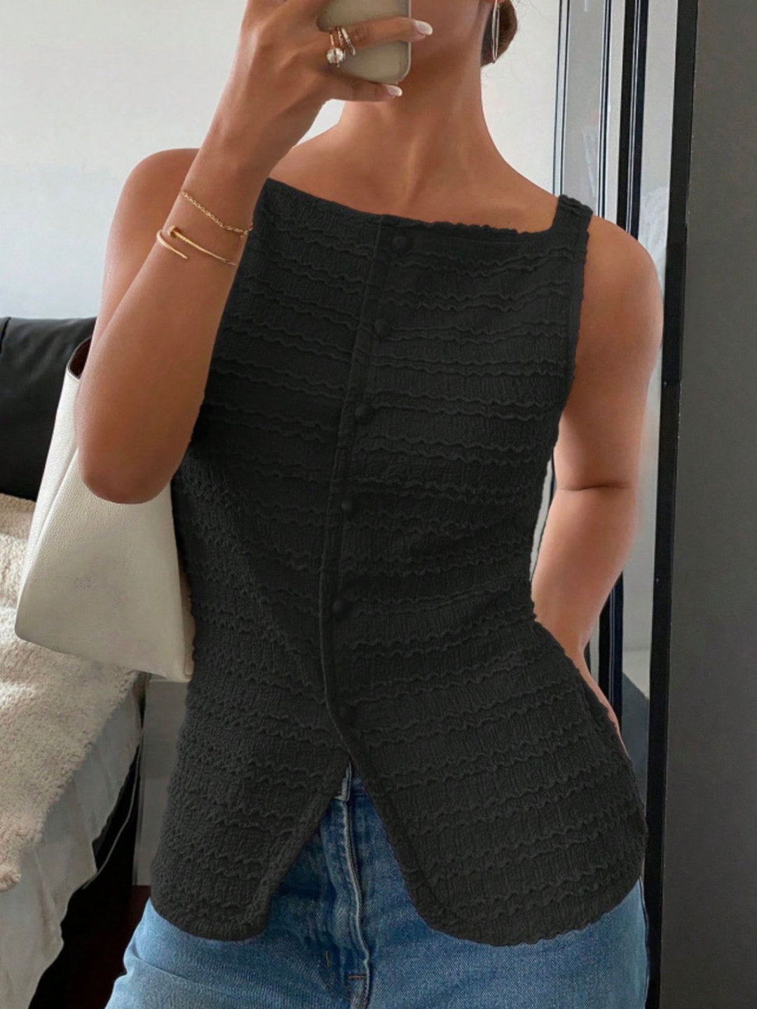 Black Textured button-front tank with square neck and split hem