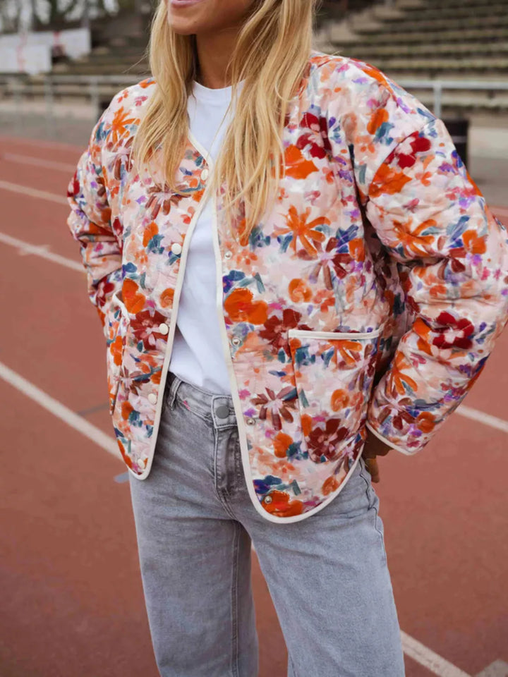 Strawberry Floral print quilted jacket with contrast piping and patch pockets