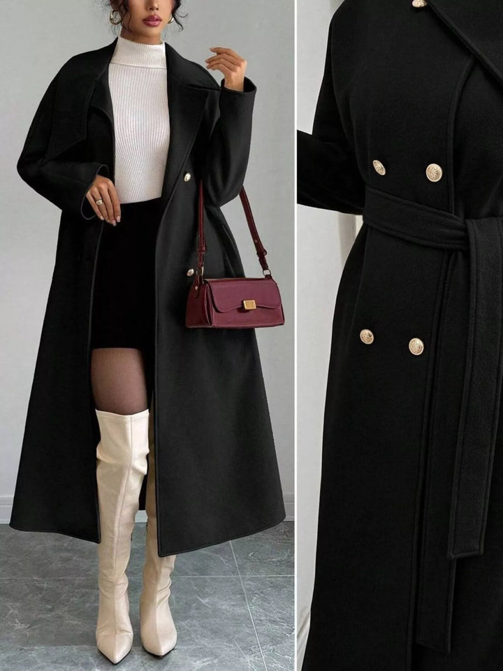 Double-breasted belted longline coat with stand collar