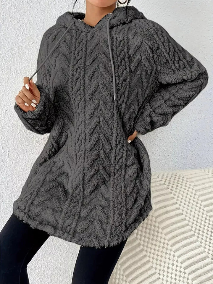 Textured cable-knit fleece pullover hoodie with drawstring