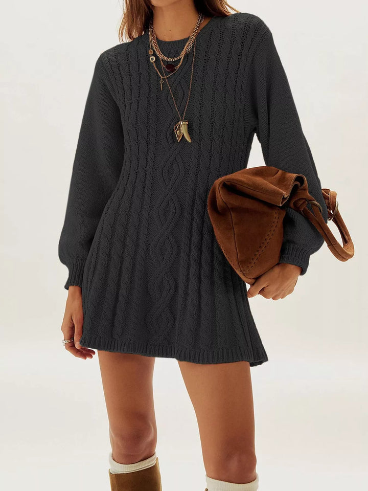 Black Cable knit long sleeve sweater mini dress with ribbed hem