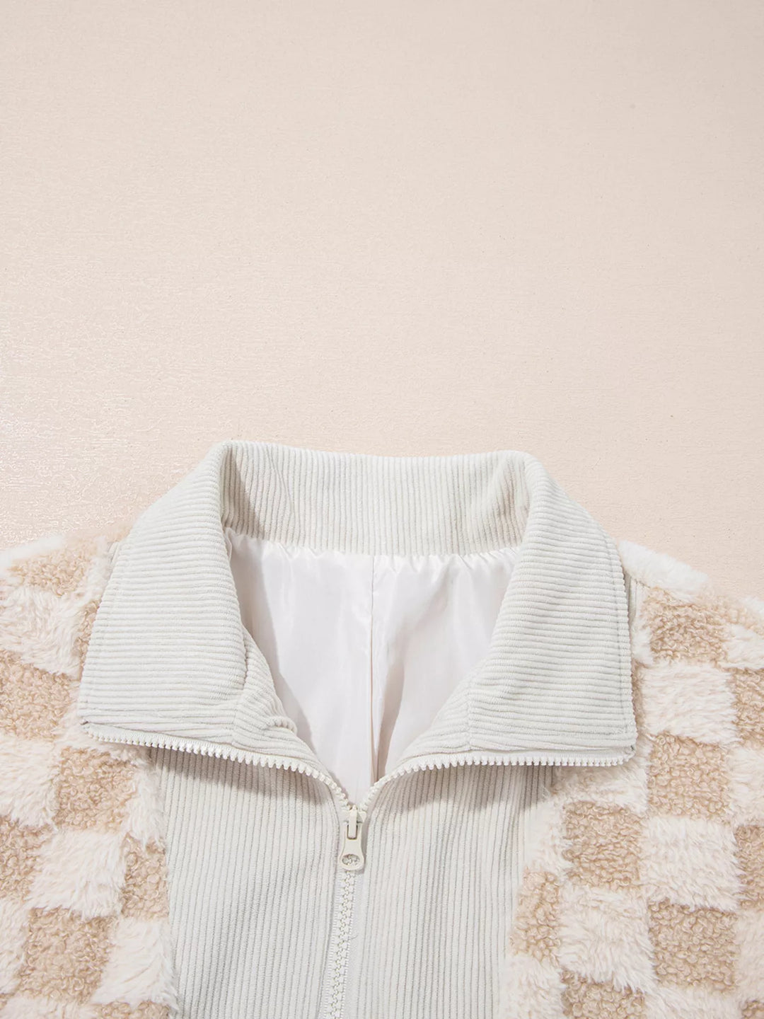 Checkered sherpa zip-up jacket with corduroy collar and trim