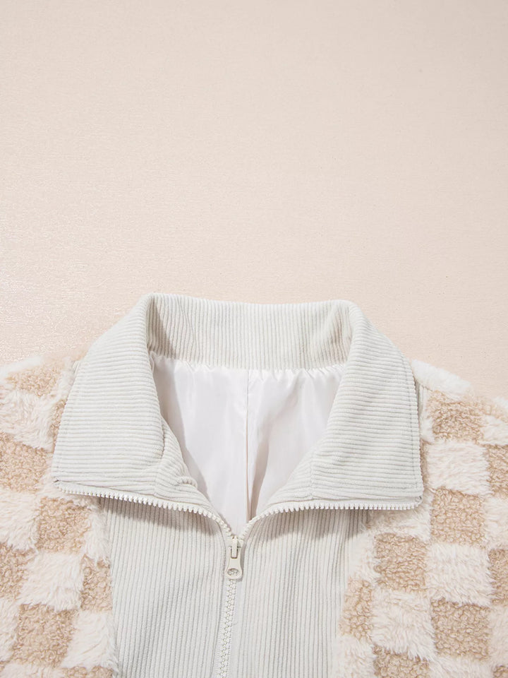 Checkered sherpa zip-up jacket with corduroy collar and trim