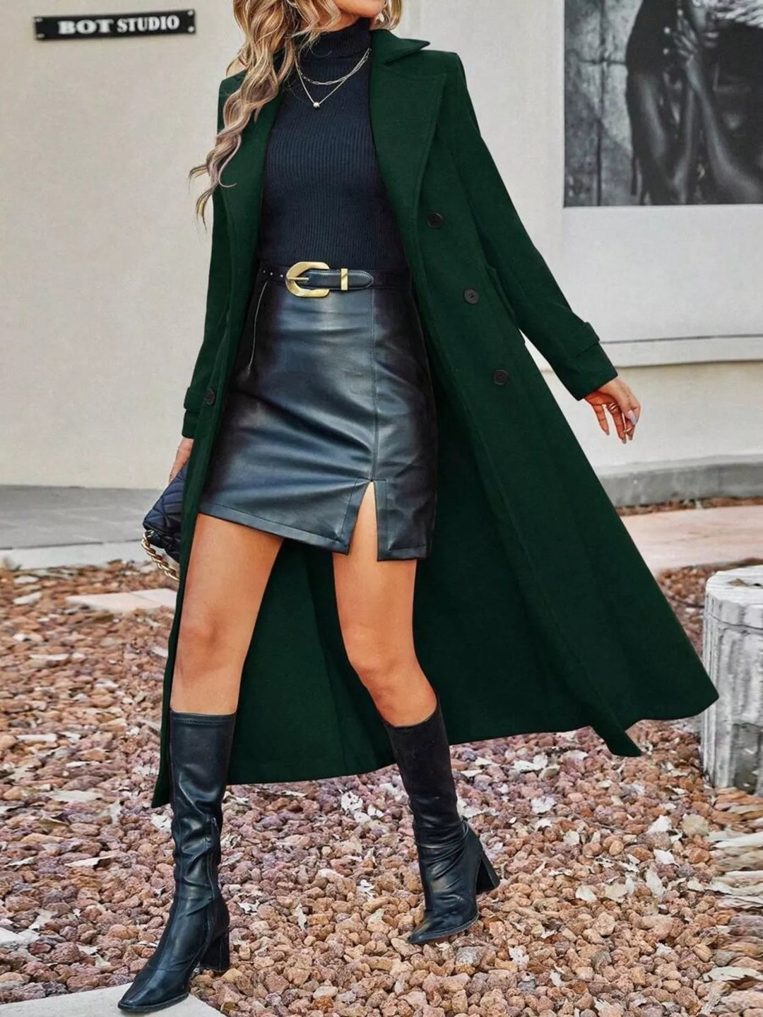 Olive Double-breasted longline trench coat with notch lapels