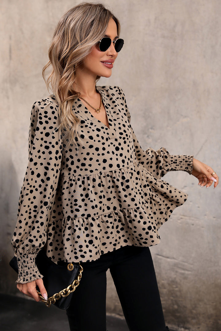 Animal print notched neck tiered lantern sleeve top