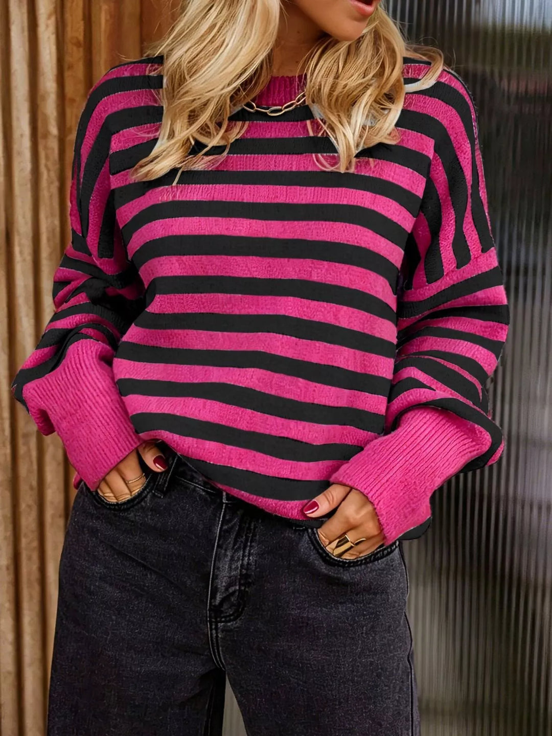 Rose Red And Black Striped drop-shoulder crew neck sweater with ribbed cuffs
