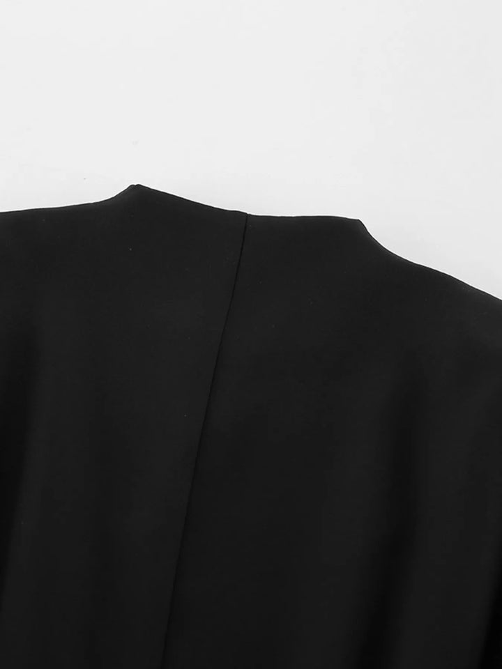 Collarless button-front jacket with cinched pleated waist