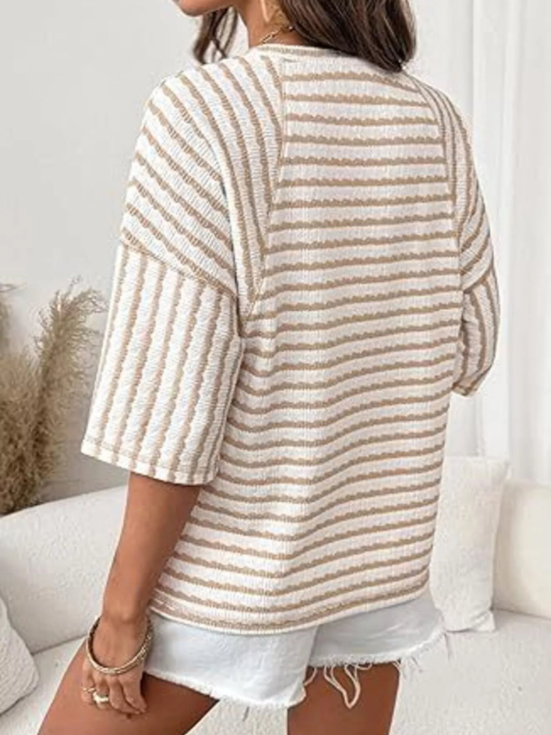 Striped ribbed knit short sleeve crew neck top