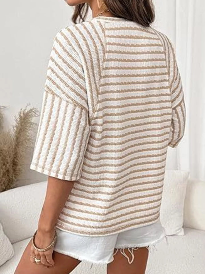 Striped ribbed knit short sleeve crew neck top