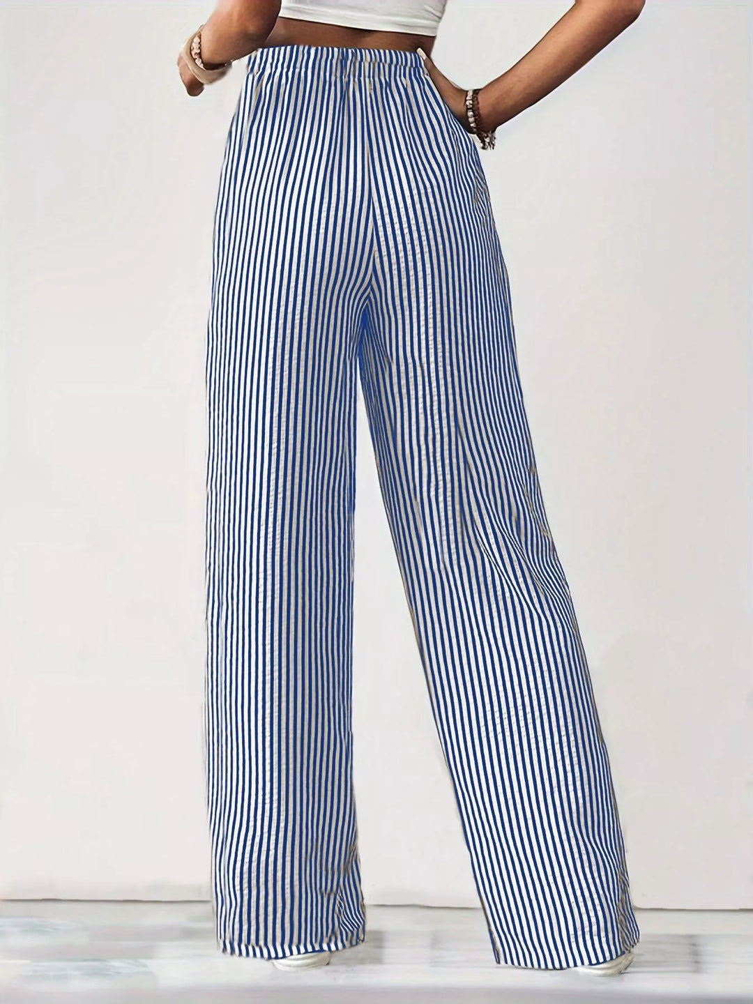Striped wide-leg drawstring pants with side pockets
