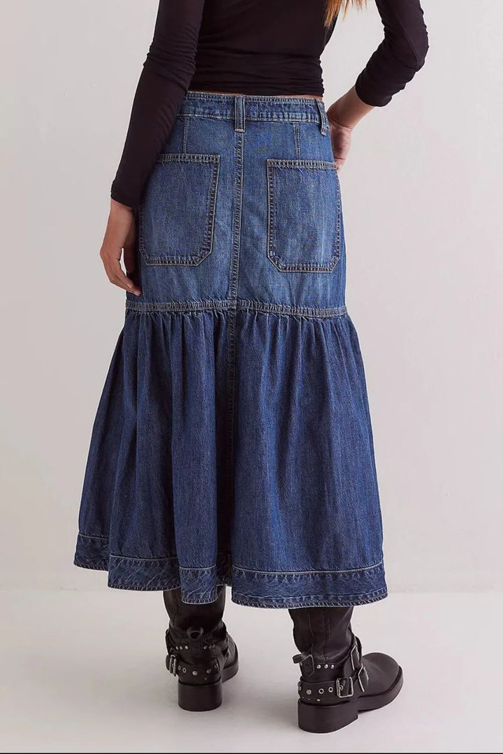 High-rise tiered midi denim skirt with patch pockets