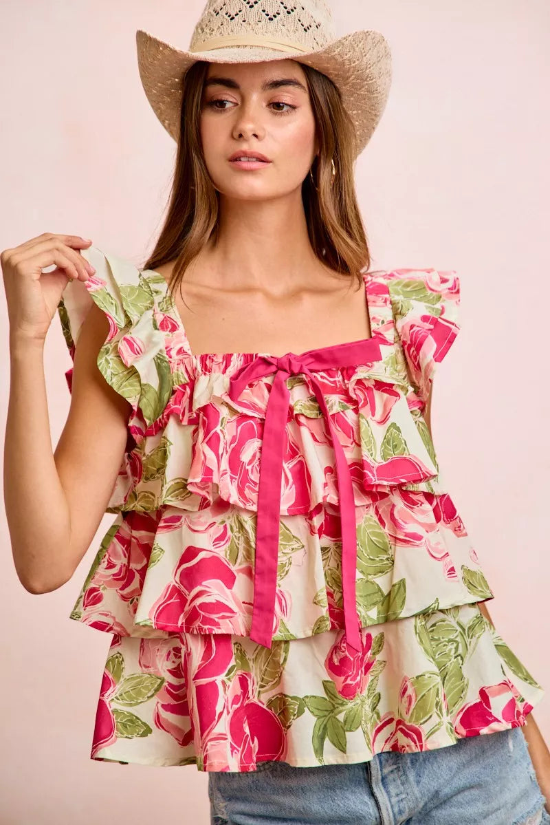 Floral Floral print tiered ruffle top with square neck and bow