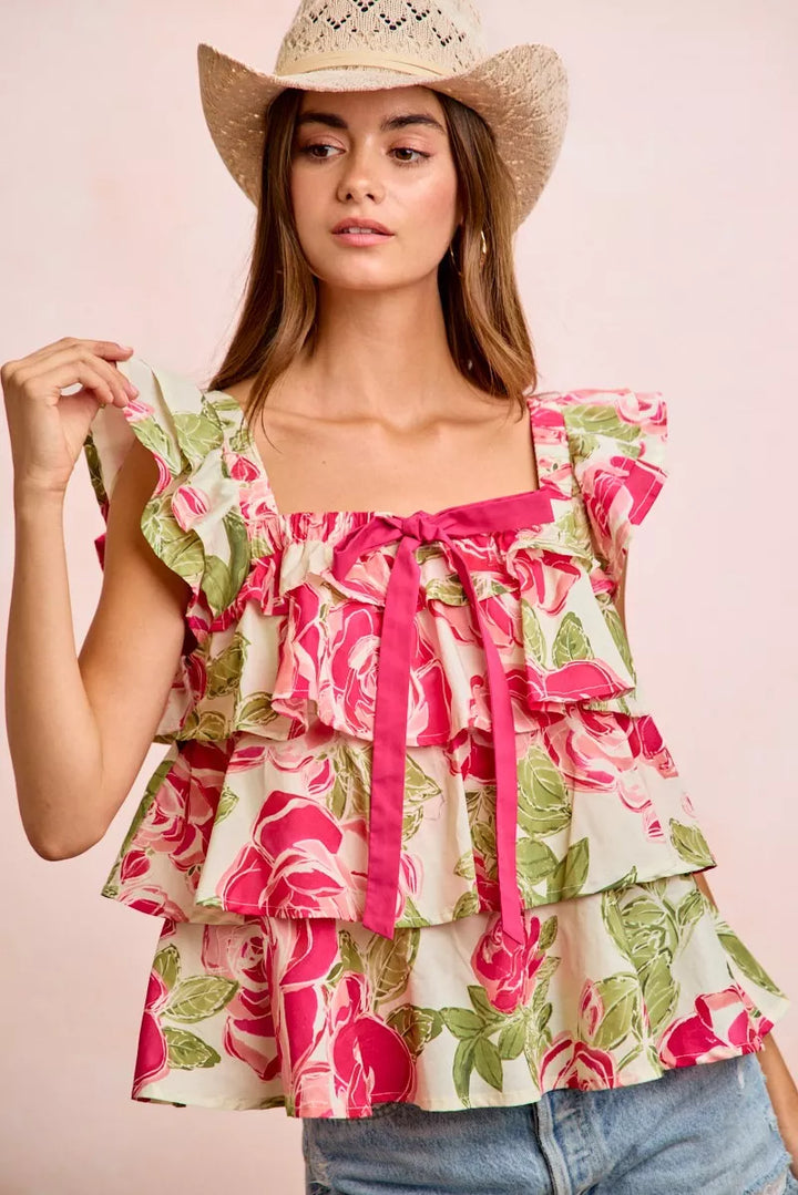 Floral Floral print tiered ruffle top with square neck and bow