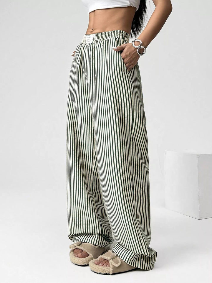 Striped high-waist wide-leg pants with drawstring