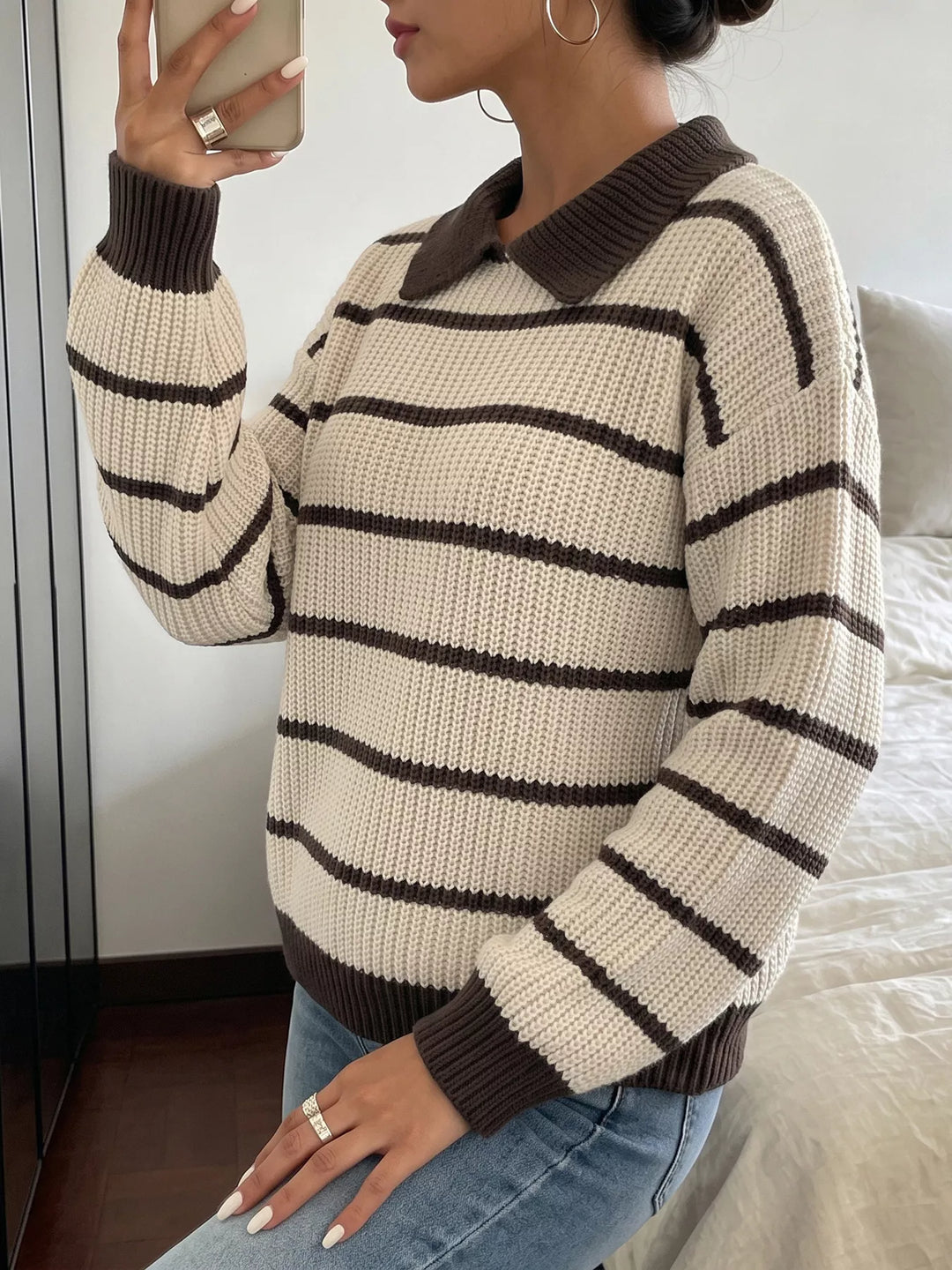 Striped waffle knit polo sweater with contrast collar