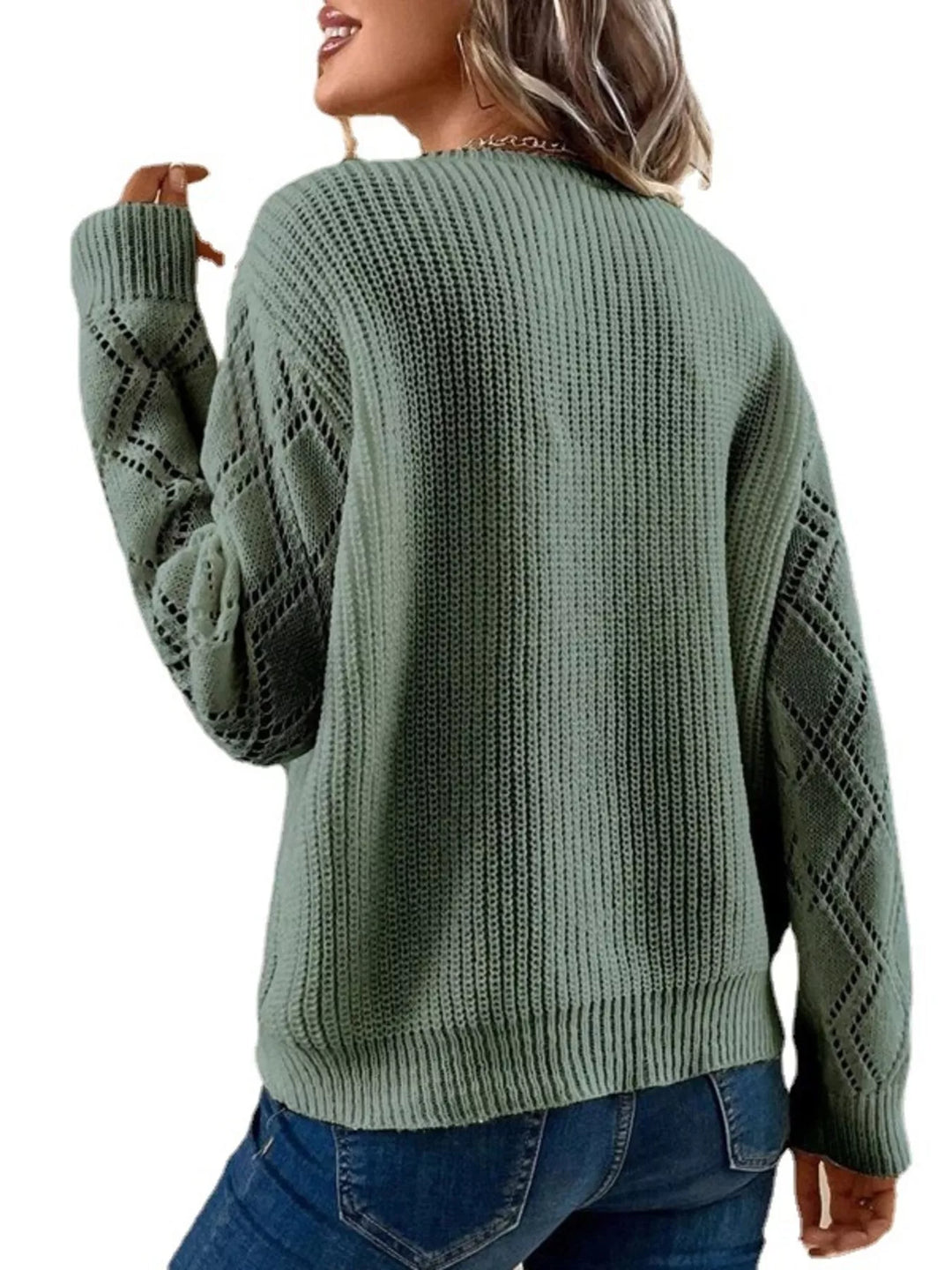 Openwork knit sweater with lace V-neck and diamond sleeves