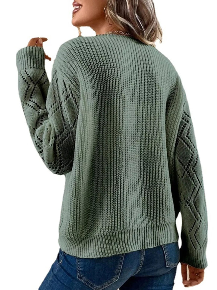 Openwork knit sweater with lace V-neck and diamond sleeves