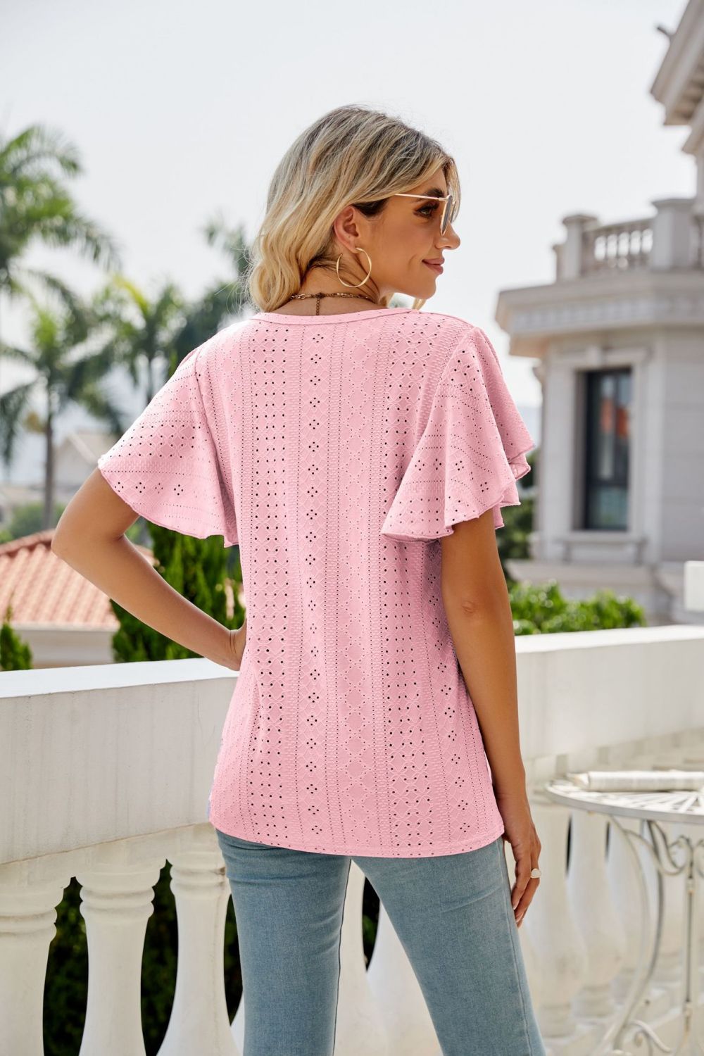Eyelet knit flutter sleeve round neck top