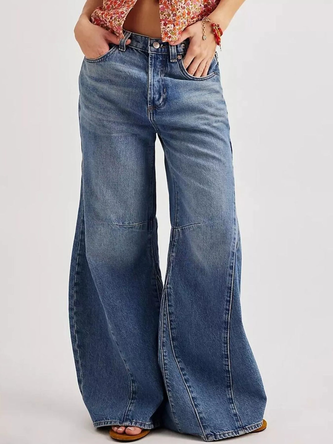 High-rise wide leg balloon jeans with paneled knee seam