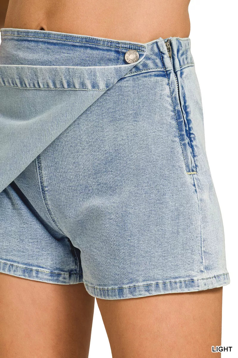 Wrap front denim mini skort with button closure