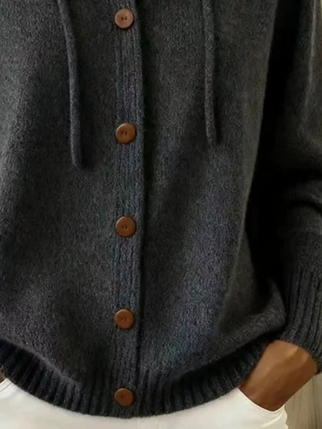 Hooded button-down knit cardigan with drawstring