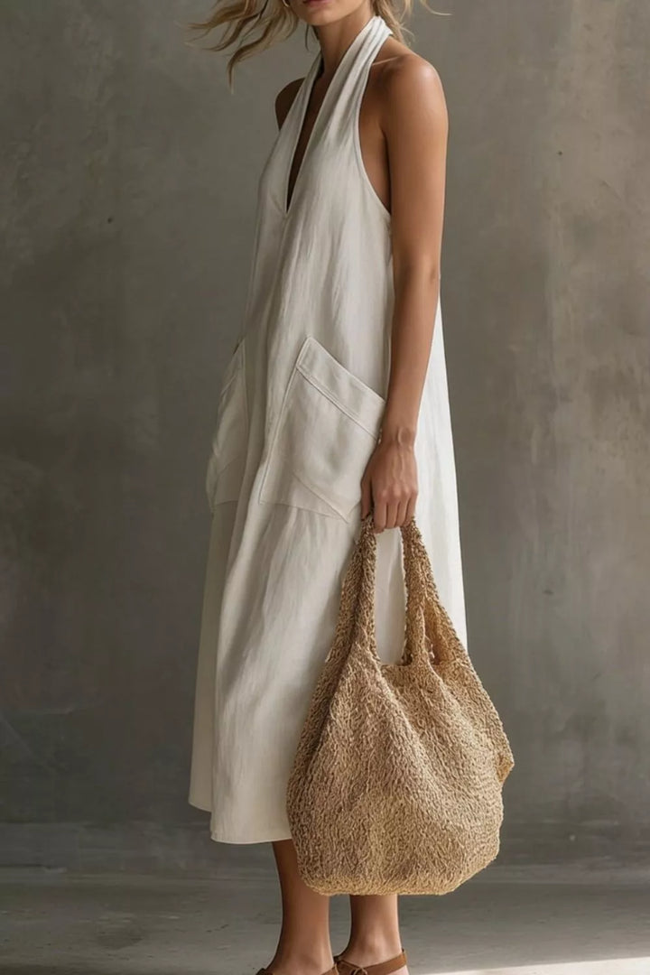 Relaxed halter neck midi dress with patch pockets