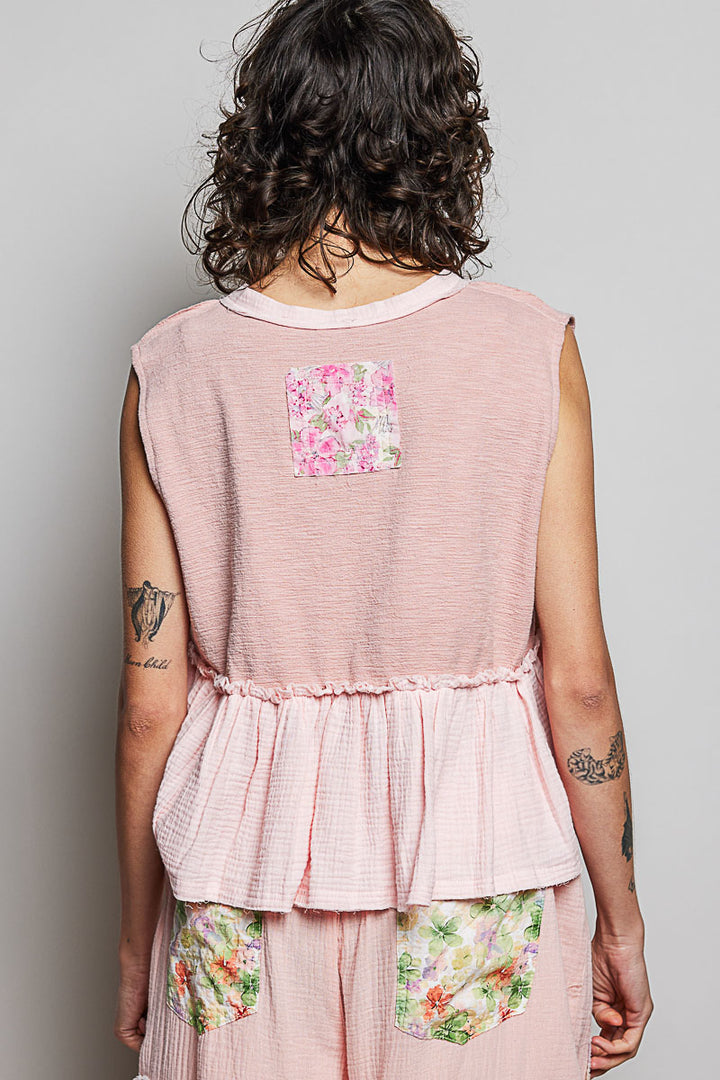 Floral patch V-neck sleeveless top with ruffle hem and raw-edge detail