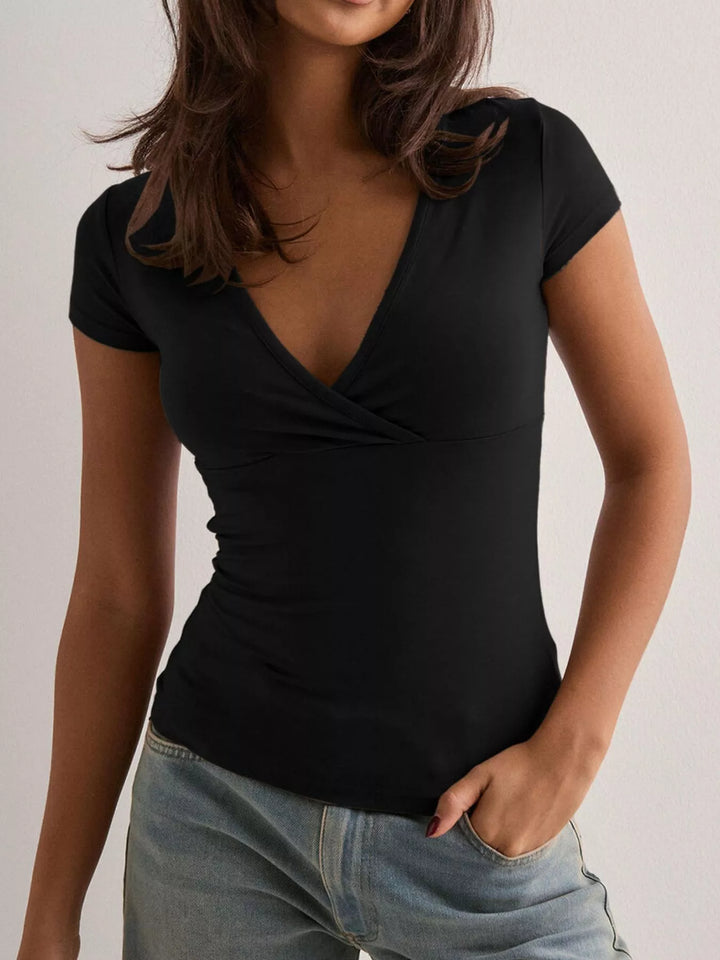 Wrap-front V-neck slim fit short sleeve tee