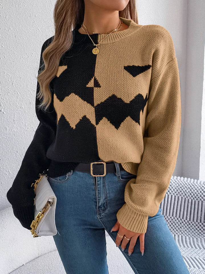 Pumpkin face color block knit pullover sweater