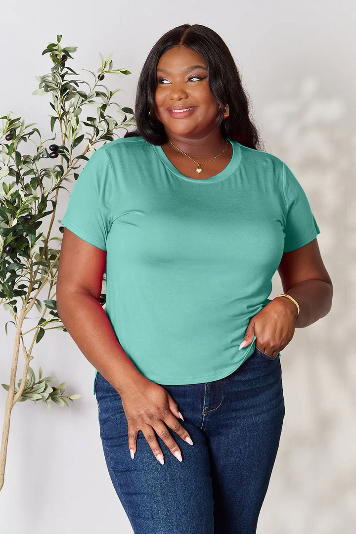 Round neck short sleeve tee in soft rayon knit