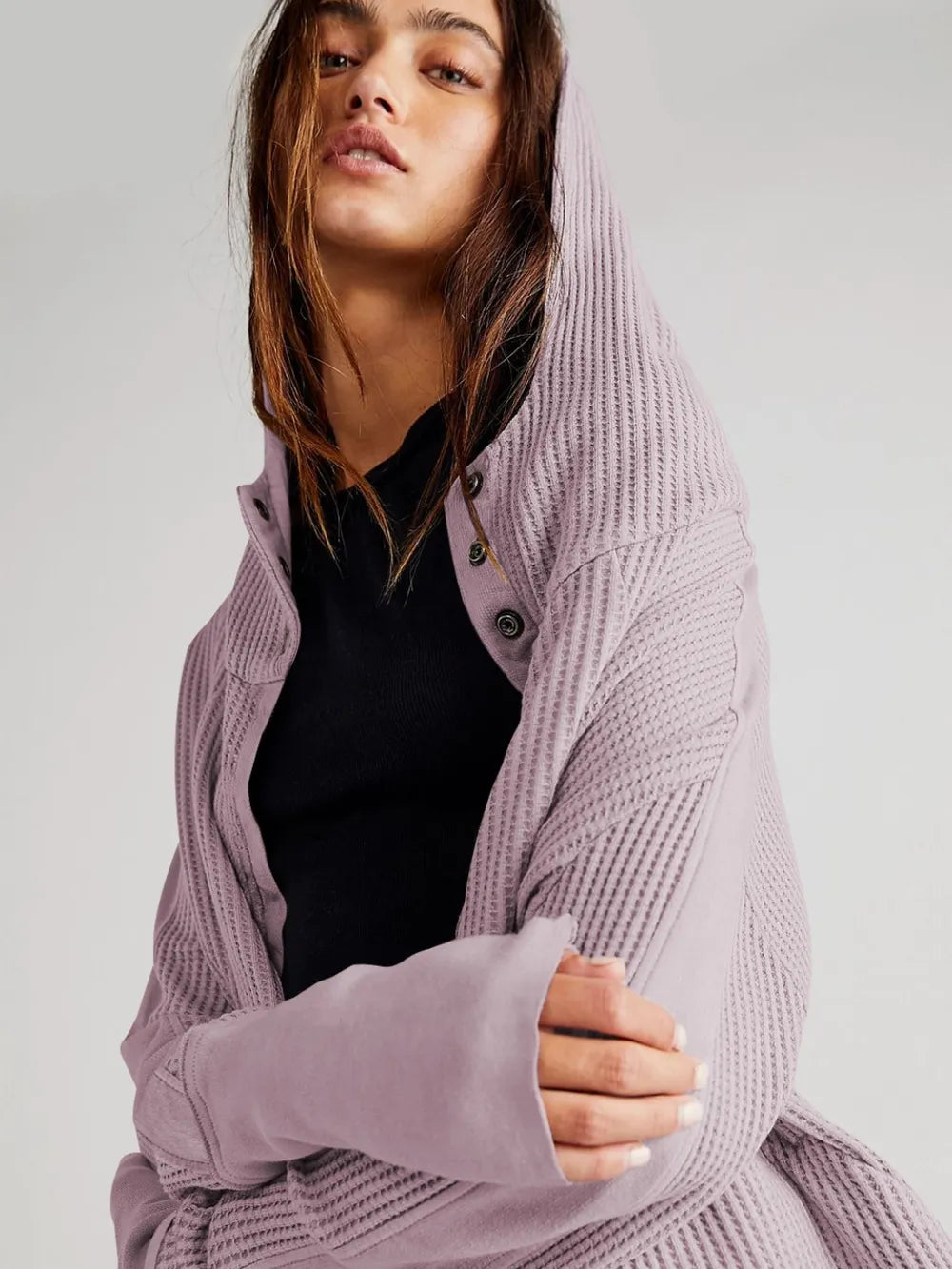 Waffle-knit zip-up hooded jacket with dropped shoulders