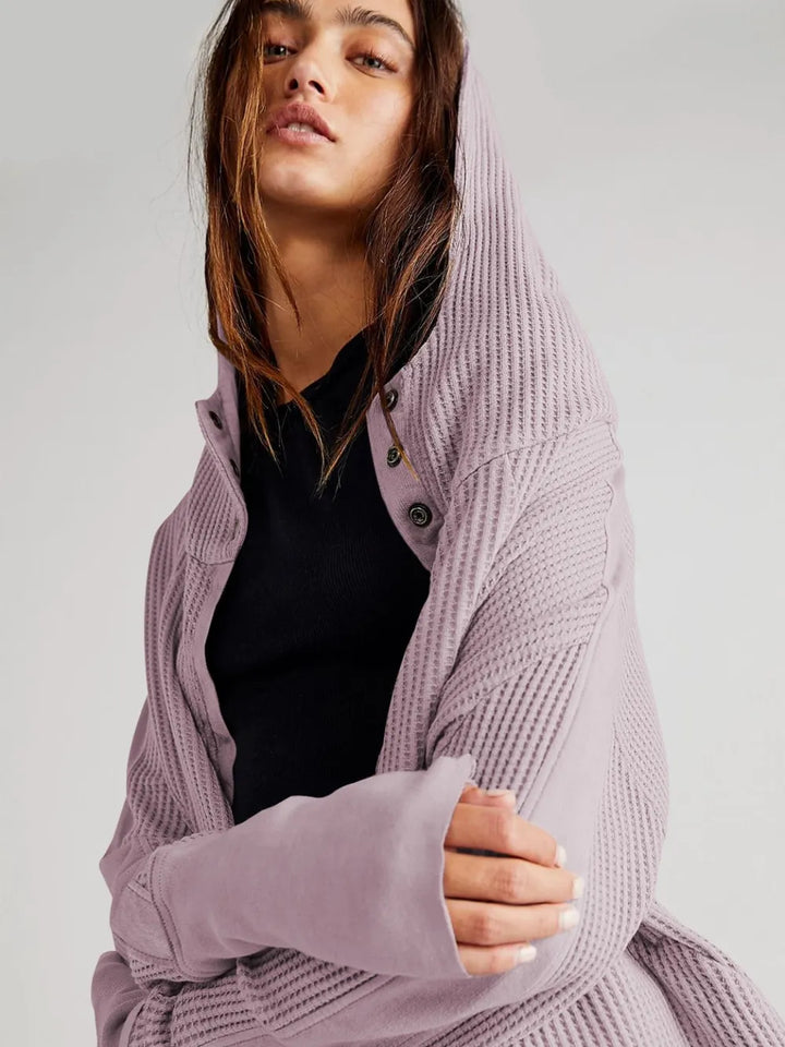 Waffle-knit zip-up hooded jacket with dropped shoulders