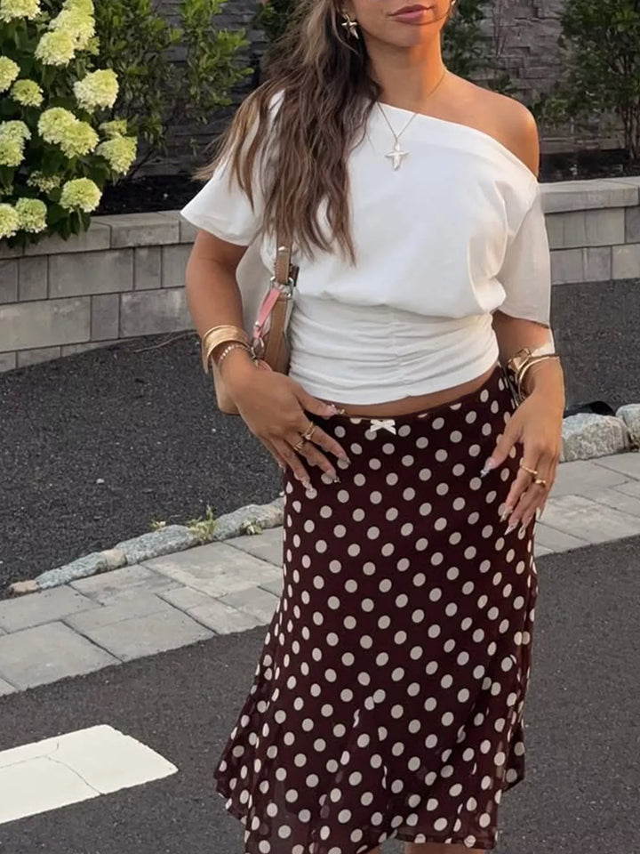 Polka dot chiffon midi skirt with bow waist